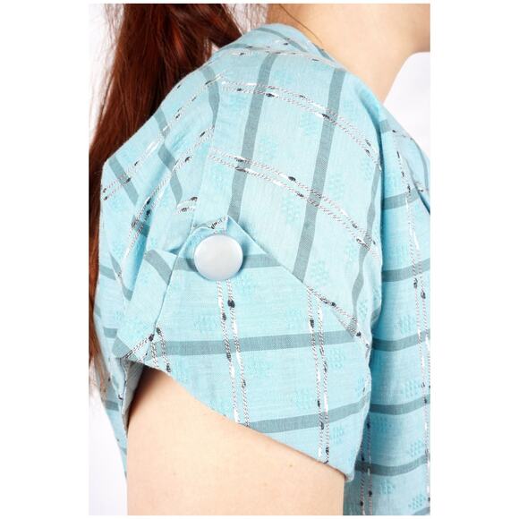 Vintage 1950s Light Blue Plaid Belted Day Dress with Neck Tie by Ann Taylor | M - Picture 7 of 10